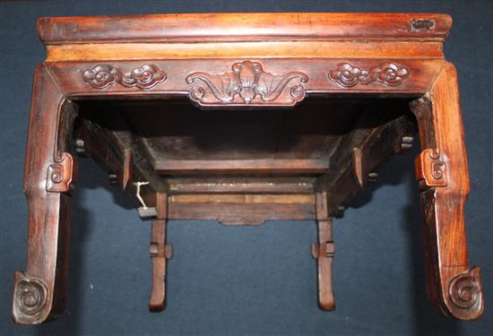 A Chinese huanghuali kang table, 18th/19th century, l. 29.5in., w. 17.25in., h. 12in., repairs